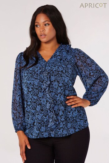 Apricot Blue Silhouette Floral Ruffle Neck Top (N12864) | £35