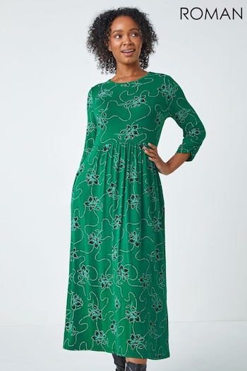 Roman Green Petite Floral Print Stretch Midi Dress (N12898) | £38
