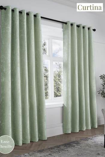Curtina Green Textured Chenille Luxe Eyelet Curtains (N12988) | £60 - £125