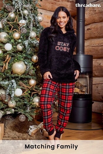 Threadbare Black Christmas Cosy Hoodie and Check Bottoms Pyjama Set (N13330) | £38