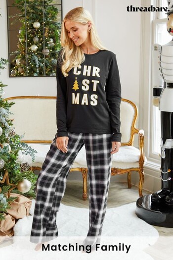 Threadbare Black Curve Cotton Long Sleeve Christmas Pyjama Set (N13334) | £24