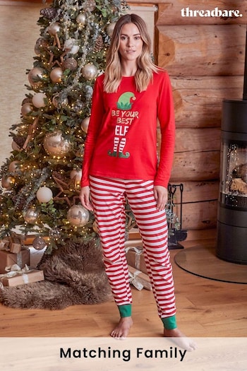 Threadbare Red Cane Cotton Long Sleeve Christmas Pyjama Set (N13336) | £24