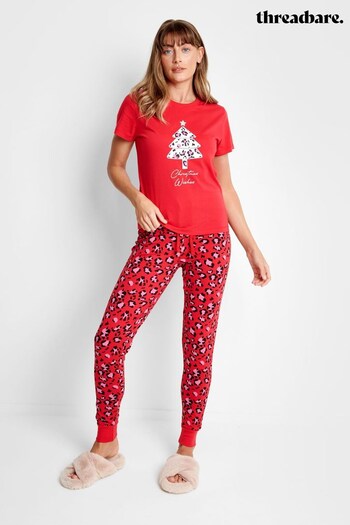 Threadbare Red Cotton Short Sleeve Christmas Pyjama Set (N13396) | £20