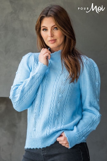 Pour Moi Blue Marina Pointelle High Neck Knit Jumper (N13402) | £39