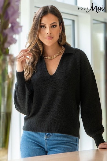 Pour Moi Black Kerry V Neck Textured Knit Collared Jumper (N13408) | £42
