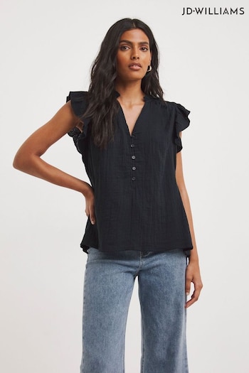 JD Williams Frill Sleeve Cheesecloth Black Blouse (N13416) | £28