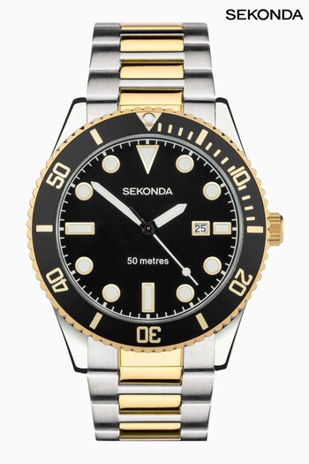 Sekonda Mens Ocean Two Tone Stainless Steel Bracelet Black Watch (N13698) | £55