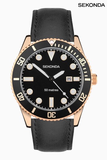 Sekonda Mens Ocean Black Leather Strap Watch (N13699) | £50