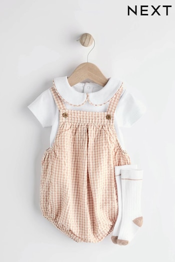 Neutral Gingham Woven Baby Bloomer Dungaree And Bodysuit Set (0mths-2yrs) (N13870) | £20 - £22