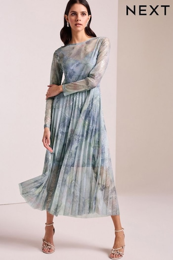 Pale Blue Long Sleeve Foil Pleated Midi Dress (N13878) | £76