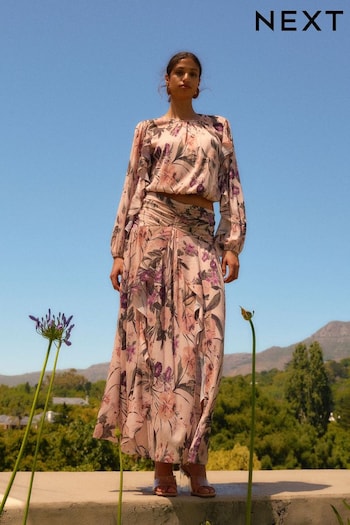 Blush Pink Floral Print Crinkle Mesh Maxi Skirt (N13879) | £80