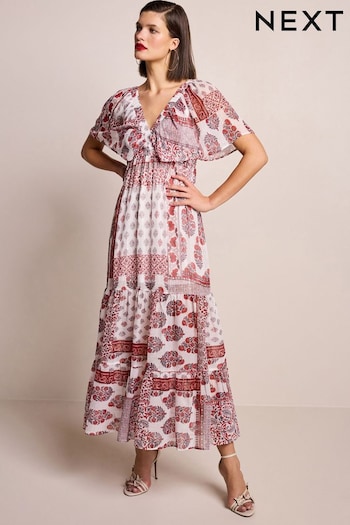 Red and White Print Angel Sleeve Tiered Maxi Dress (N13884) | £74