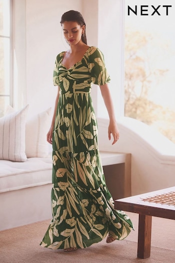 Green and White Leaf Print Short Sleeve Ocassion Maxi Dress (N13888) | £75