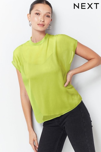 Lime Green Sheer Layer Cap Sleeve Top (N13895) | £36