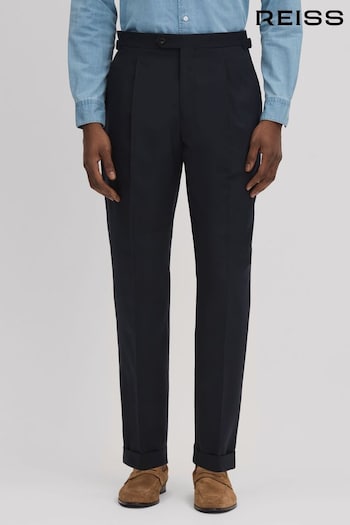 Reiss Navy Valentine Slim Fit Wool Blend Trousers with Turn-Ups (N13952) | £148