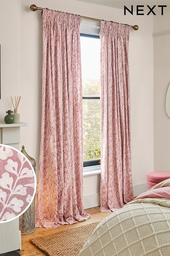 Pink Woodblock Floral Pencil Pleat Lined Curtains (N14004) | £30 - £95