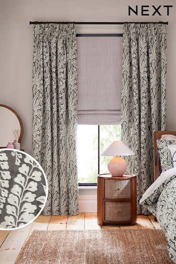 Monochrome Woodblock Floral Pencil Pleat Lined Curtains (N14005) | £30 - £95