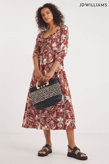 JD Williams Rust Print Linen Mixed Brown Sundress With Puff Sleeves (N14128) | £45