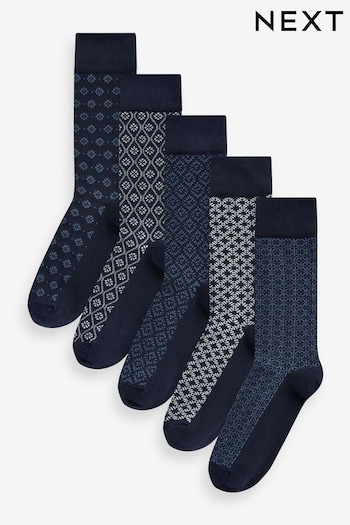 Navy Blue/White Pattern Smart Socks 5 Pack (N14149) | £14