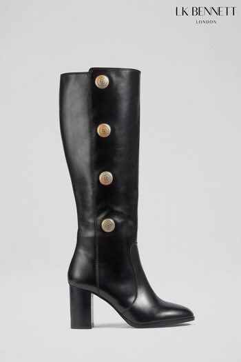 LK Bennett Marcella Leather Gold Coin Knee-High Black Boots (N14177) | £629