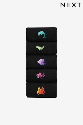 Black Sealife Fun Embroidered Socks 5 Pack (N14219) | £14