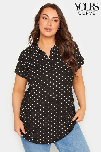 Yours Curve Black Polka Dot Textured Polo Top (N14332) | £25