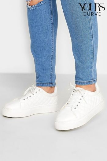 Yours Curve White Extra-Wide Fit Quilted Lace Up Trainers (N14355) | £27