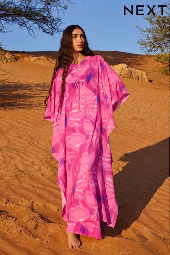 Pink Floral Co-ord Half Sleeve Ruched Front Kaftan Gabbana Dress (N14394) | £89