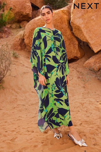 Green and Navy Floral Co-ord Half Sleeve Ruched Front Kaftan Dress (N14397) | £89