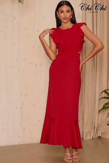 Chi Chi London Red Ruffle Sleeve Cut Out Back Midi Dress (N14405) | £98