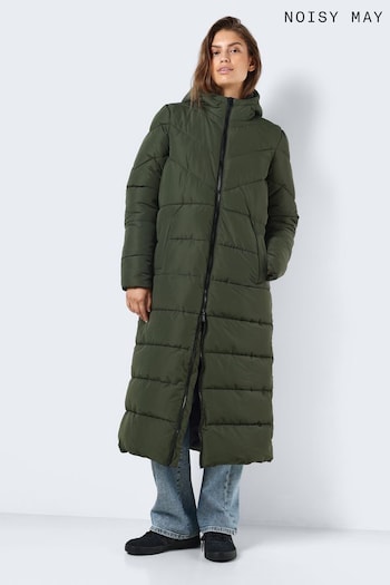 NOISY MAY Green Maxi Length Padded Quilted Hooded Coat (N14428) | £62