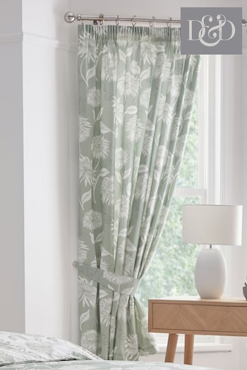 D&D Green Chrysanthemum Pencil Pleat Curtains (N14516) | £40