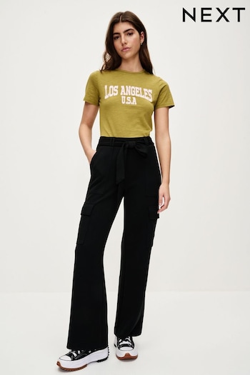 Black Slinky Stretch Wide Leg Belted High Waist Utility Cargo Trousers Cropped-Jeans (N14560) | £40