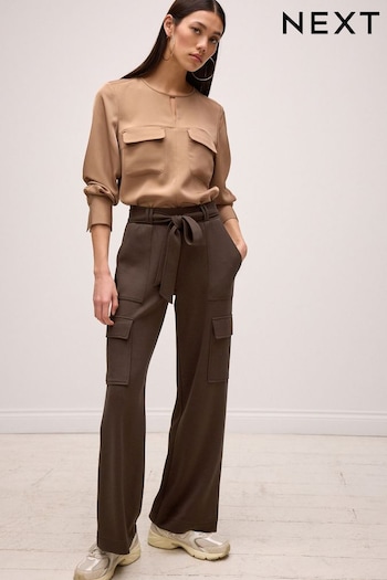 Chocolate Brown Slinky Stretch Wide Leg Belted High Waist Utility Cargo Trousers Cropped-Jeans (N14561) | £40