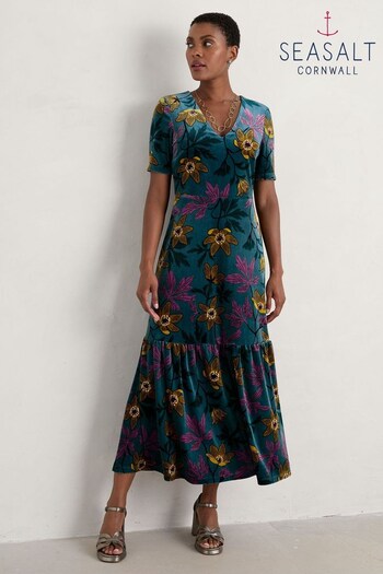 Seasalt Cornwall Blue Penrose Velvet V-Neck Maxi Dress (N14696) | £90