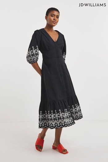 JD Williams Broderie Button Through Tea Black Dress smocked-detail (N14854) | £55