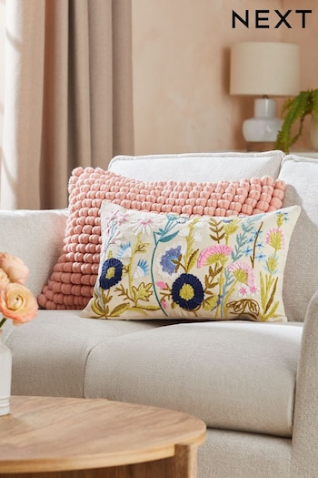 Pink 50 x 30cm Pretty Embroidered Floral Cushion (N14870) | £22