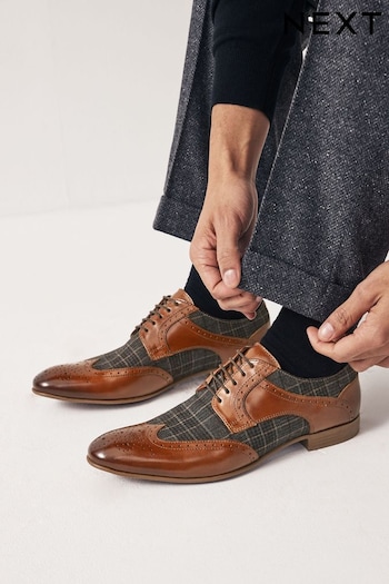 Tan Brown Leather & Check Brogue Shoes (N15456) | £50
