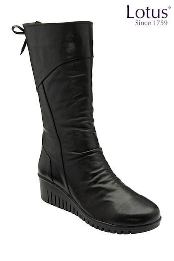Lotus Black Leather Zip-Up Mid-Calf Boots para (N15639) | £90
