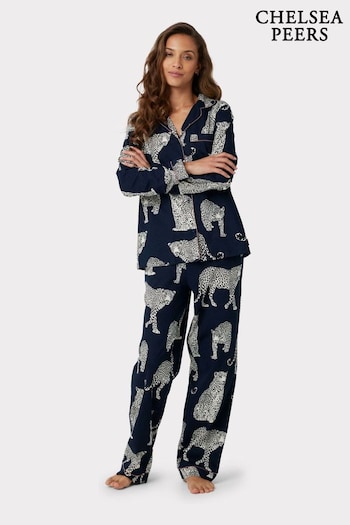 Chelsea Peers Blue Organic Cotton Navy Leopard Print Pyjama Set (N15679) | £55