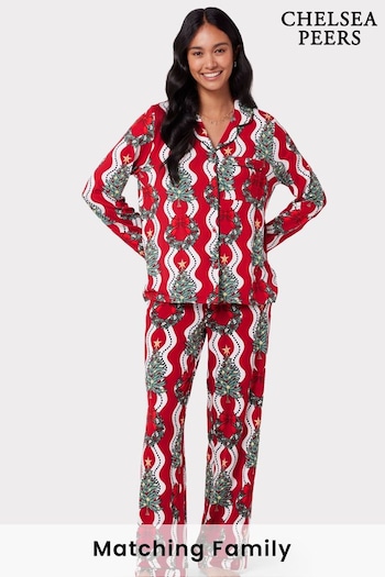 Chelsea Peers Red Recycled Fibre Red & White Wreath & Tree Stripe Print Long Pyjama Set (N15680) | £45