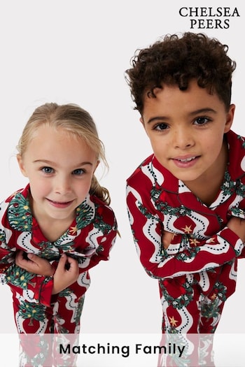 Chelsea Peers Red Kids Recycled Fibre Red & White Wreath & Tree Stripe Print Long Pyjama Set (N15686) | £35
