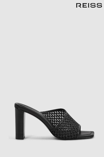 Reiss Black Heather Raffia Block Heel Mules (N15693) | £168