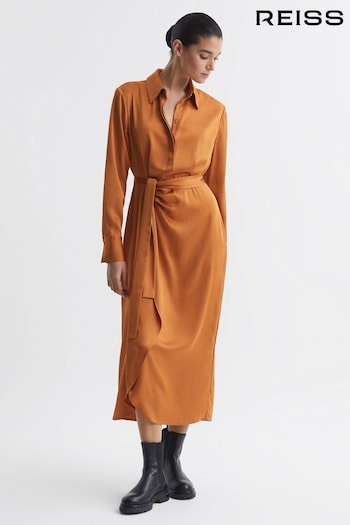 Reiss Rust Arabella Satin Shirt-Style Midi Dress (N15698) | £248