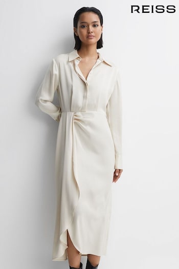 Reiss Cream Arabella Satin Shirt-Style Midi Dress (N15699) | £248