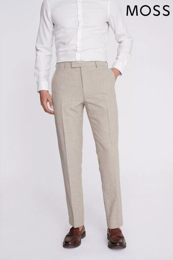 MOSS Natural Regular Fit Taupe Houndstooth Trousers (N15716) | £90