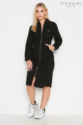 PixieGirl Petite Black Zip Through Denim Midi Dress (N15801) | £45