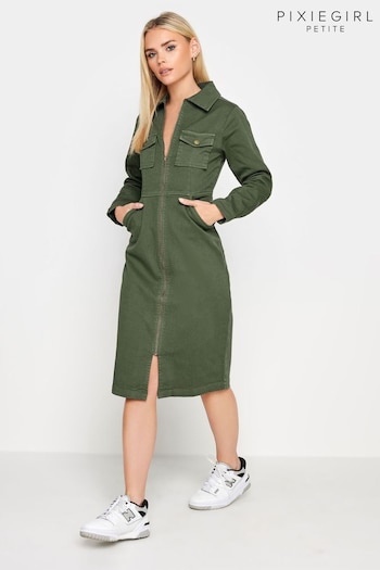 PixieGirl Petite Green Zip Through Denim Midi Dress (N15802) | £45