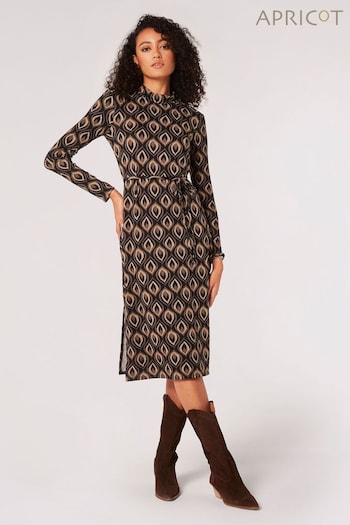 Apricot Black Geo Leaves Dress With Side Split (N16371) | £35