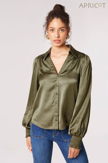 Apricot Green Open Collar Smock Sleeve Shirt (N16376) | £35